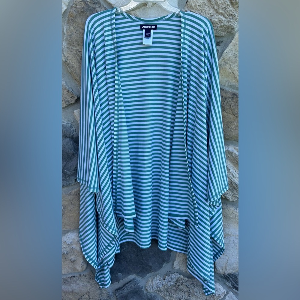 Lands End Cardigan One Size Coastal Beach Nautical Green Stripe Effortless Drape